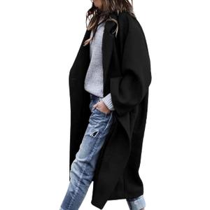 Women's Winter Wool Coat Notch Lapel Single Breasted Casual Mid Long Pea Trench Coat (Black, M)