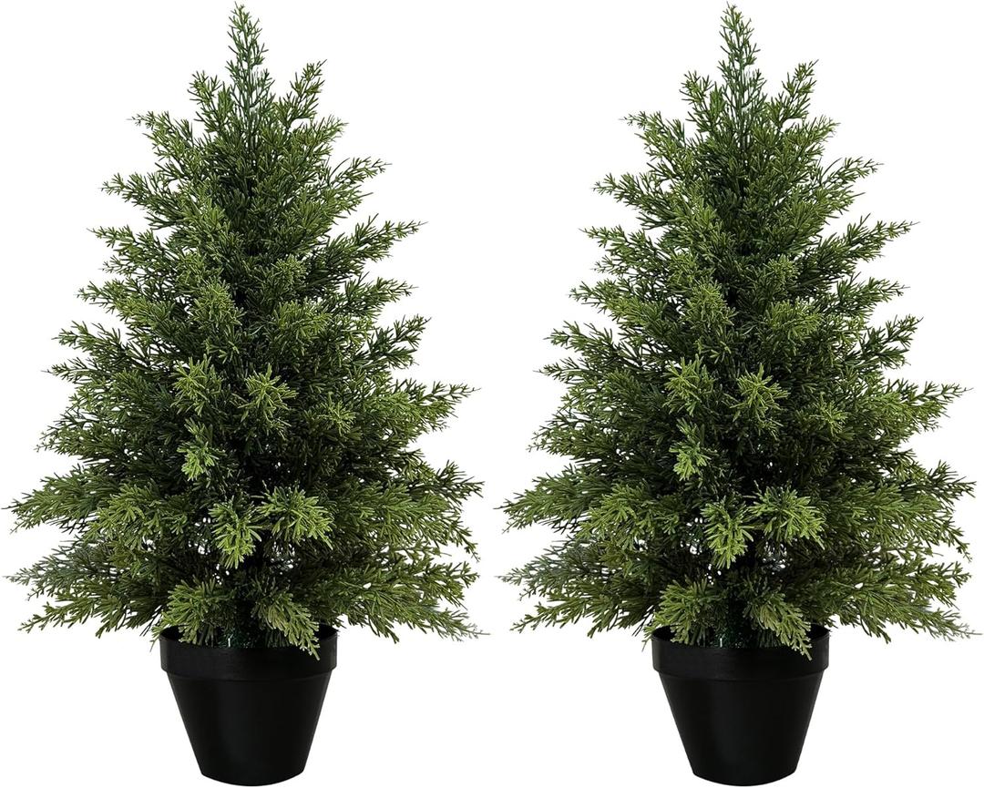 2 Feet Pre-Potted Evergreen Outdoor Artificial Cedar Tree for Front Porch Decor, Outdoor Entryway Decor Fake Tree, Tall Faux Tree with UV Resistant Coating (2 Pack)