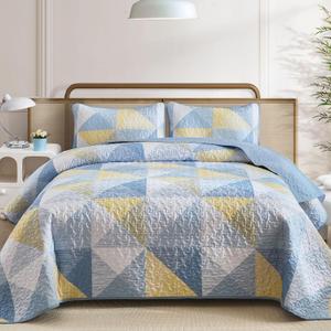 Dintszyayue King Size Quilt, 3 Pieces Patchwork Blue Yellow Bedspread Bedding, Soft Lightweight Microfiber Geometric Coverlet Set for All Spring Quilt with 2 Pillowcases104 x90