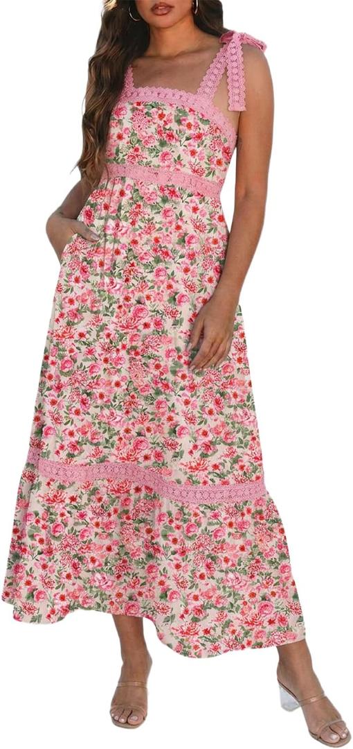 Opemiby Womens Maxi Dress Spring Summer Sleeveless Lace Strap Empire Waist A Line Side Pockets Beach Casual Long Dresses (S)