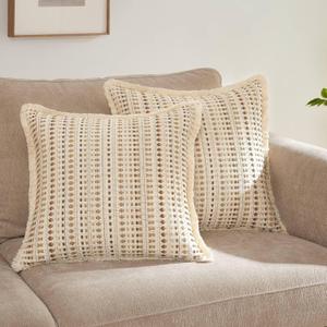 2 x Embroidered Throw Pillow Cover Set of 2, Spring Summer Boho Farmhouse Decorative Pillow Case with Tassels, Textured Cushion Cases for Sofa Living Room Home Decor (Beige, 18" x 18")