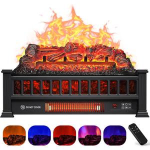 Electric Fireplace Logs Inserts Heater 20-Inch, Remote Controller Fireplace Heater, Adjustable Flame Colors, Realistic Fake firewood Flame, Overheat Protection, Timer, Thermostat, 1500W Black