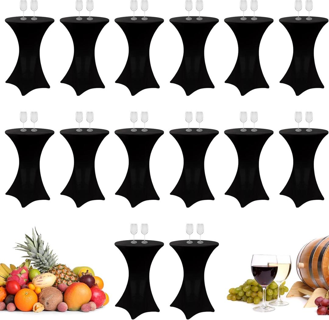 Spandex Cocktail Table Cover Bulk 24 x 43 Inch Round Highboy Stretch Bistro Tablecloths Fitted Corner High Top Clothes for Weddings Banquet Birthday Party (Black, 14 Pack)