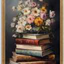 Krtoni Framed Farmhouse Vintage Canvas Wall Art, Country Spring Wildflowers Artwork Wall Decor, Dark Academia Flower Books Theme Poster Print for Living Room Bedroom Bathroom Study 24''L x 16''W