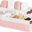 StorageWorks Narrow Storage Bins, Small Basket for Closet and Shelves, Fabric Organizer with Handles, Toilet Paper Storage, Pink and White, 2-Pack (15"L x 6"W x 5"H)