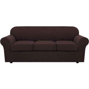 H.VERSAILTEX 4 Piece Stretch Sofa Covers for 3 Cushion Couch Covers for Living Room Furniture Slipcovers (Base Cover Plus 3 Seat Cushion Covers) Upgraded Thicker Jacquard Fabric (Sofa, Chocolate) (Large)
