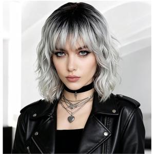 PLULON Silver Gray Curly Bob Wig Heart Sunglasses for Women, Girls Shoulder Length Wavy Wigs with Bangs Synthetic Hair with Hair Cap Funny Party Hair for Bachelorette Party Musicals Halloween Costume