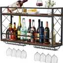 Rack Wall Mounted 2 Tier Wall Rack with Glass Holder, Double Layer Anti-Drop Crossbar, 31.5" Metal Wood Wall Mount Holder for Home Kitchen Dining Room Coffee Shop Bar, Black