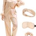 EPLAZA 2 Pcs Silk Pajamas for Women Satin Pajama Set Feather Trim Long Sleeve Button-Down Pj Set Lounge Sleepwear with Pocket (Large, Champagne)