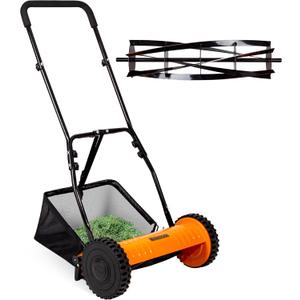 Walensee 16-Inch 5-Blade Push Reel Lawn Mower, Cordless Manual Reel Lawn Mower Walk-Behind Steel Lawn Mowers with Removable 7.9-Gallon Grass Catcher, Sponge Grip, 4-Position Cutting Height Adjustment
