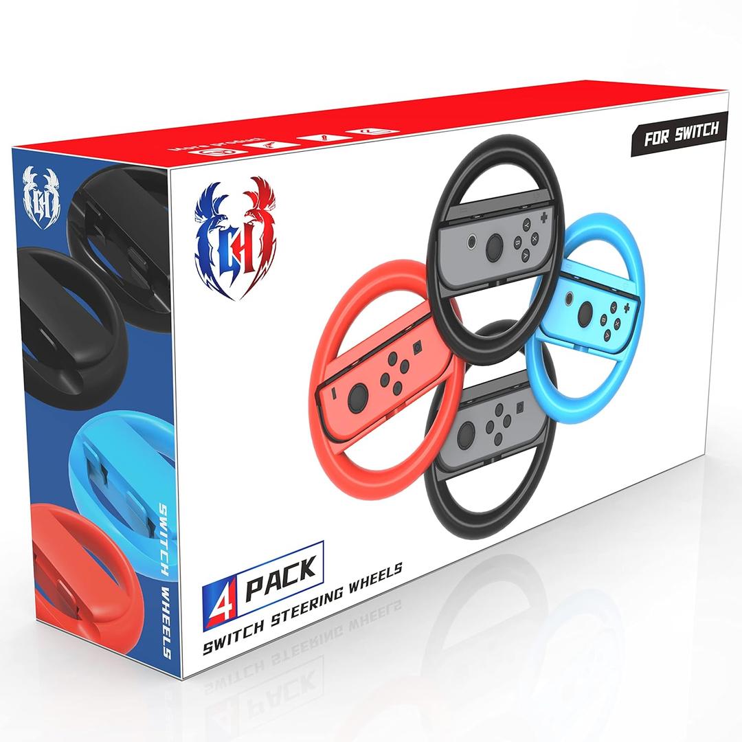GH 4 Pack Switch Steering Wheel Compatible with Mario Kart 8 Deluxe, Racing Wheel Accessories Compatible with Nintendo Switch/Switch OLED Joy Con Controller (Black x2, Red and Blue)