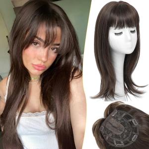 PANEWAY Hair Topper With Bangs Straight 18inch Toppers 6.5 6.5 Base Premium Synthetic Hair Pieces For Women-Soft Brown