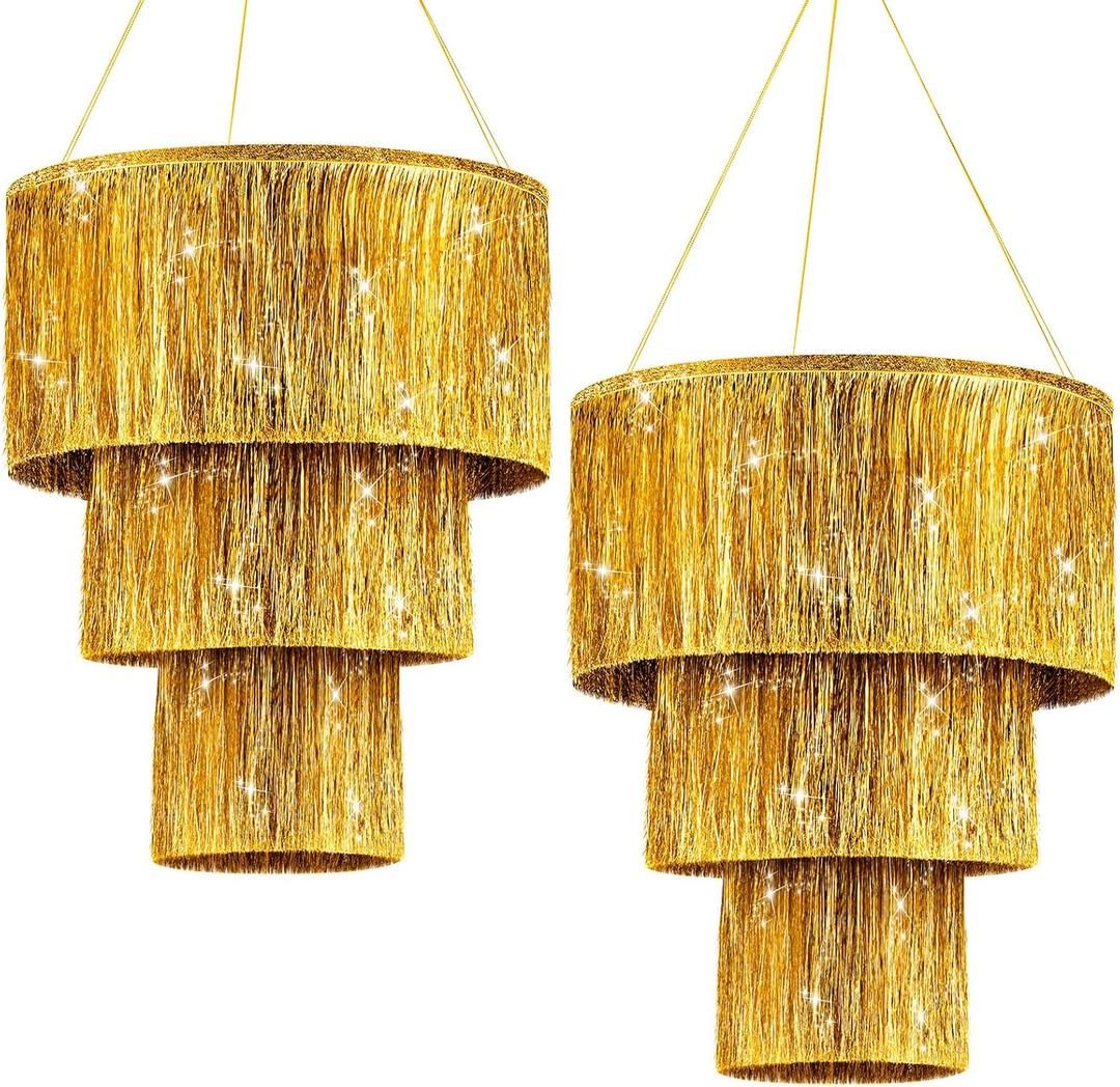 Rossesay 2 Piece Gold 3 Tier Fringe Tinsel Chandelier Fringe Chandelier Decoration Birthday Bachelorette Party Decoration Iridescent Foil Shimmering for Graduation Prom Party Decor 2026