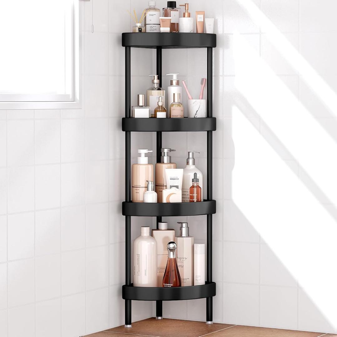 Nieifi Corner Shower Caddy Stand-4 Tier Rustproof Anodized Aluminum Standing Shower Organizer-Shower Caddy Corner-Dual Stability to Anti-Shaking-Height-Adjustable Legs for Uneven Surfaces-Black