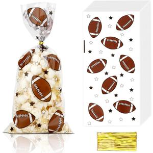 QIHOMPIB 100 PCS Football Goodie Bags for Candy Goody Treat Cookie Snack Wrap Touch Down Tailgate Football Theme Birthday Party Favors Supplies Decorations Rugby Baggies Pouches Home Table Decor