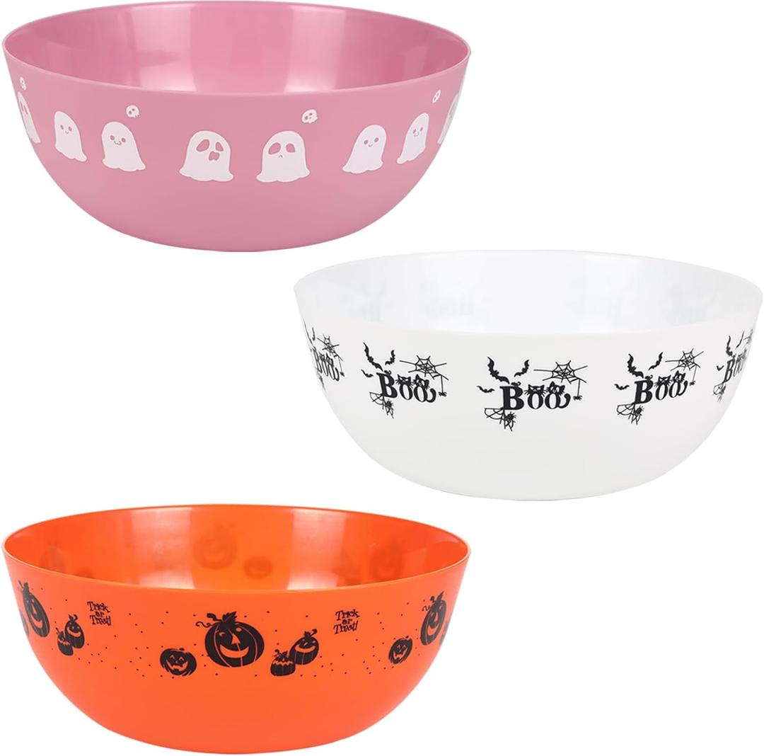 3 Pieces Halloween Candy Bowl - Large Plastic Trick or Treat Bowls, Reusable Serving for Halloween Party Supplies (White Pink Orange)