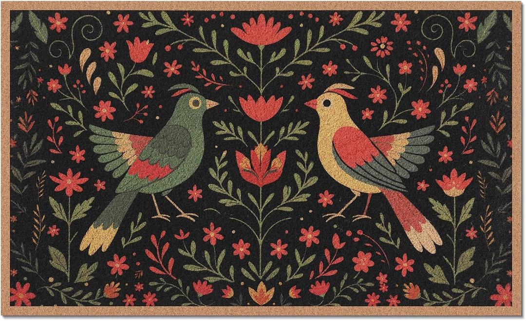 Drydiet 22"x36" Coir Coco Door Mat with Anti-Slip TPR Backing, Floral Bird, 1'10" x 2'11"