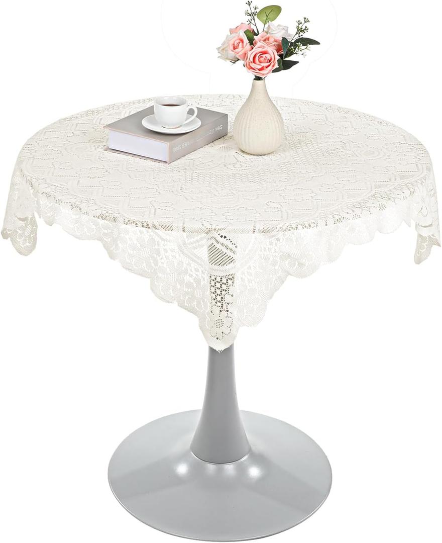 Beige Lace Tablecloth 36 x 36Inch Small Square Tablecloth Vintage Crochet Tableclothes for Outdoor Tea Party Reception Dinner Home Decor