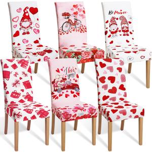 Hosuly 6 Pcs Valentine's Day Chair Covers Valentine's Day Print Red Pink Heart Gnome Truck Removable Seat Covers for Home Restaurant Decor or Hotel Restaurant Party Banquet