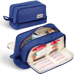 Zzrywuty Large Pencil Case with Compartments Zipper Pencil Pouch for Girls Kids Teens Adults,Organizer Pen Pencil Case with Handle for School(Blue)