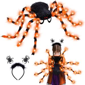 Halloween Giant Spider Costume for Kids Adults, Orange 60 LED Light-Up Spider Candy Backpack with Headband Halloween Party Props and Decorations Battery Required