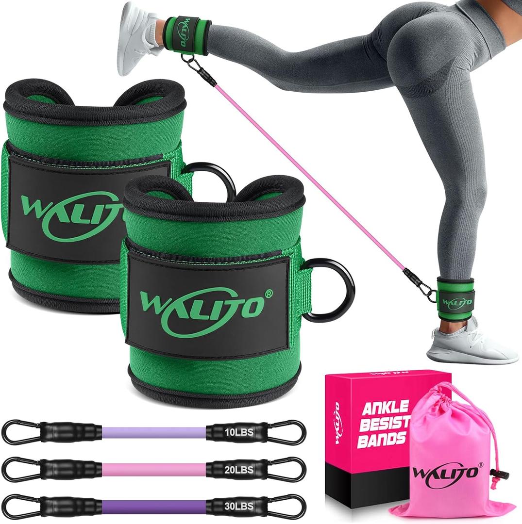 WALITO Ankle Resistance Bands with Cuffs, Exercise Bands for Legs and Butt, Booty Workout Equipment for Kickbacks and Hip Fitness Training (Green)