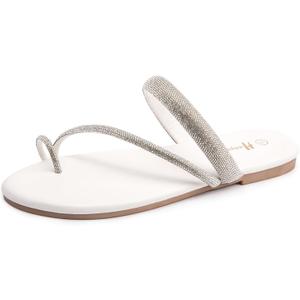 Women's Rhinestone Slide Sandals Slip On Flat Sandals Flip Flop Thong Sandals (White)