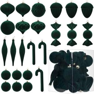Velvet Ornaments for Christmas Tree Decorations - Dark Green Flocked Christmas Ornament Set for Winter Holiday Decor - Shatterproof Xmas Balls Ornaments Bulk - Pack of 24