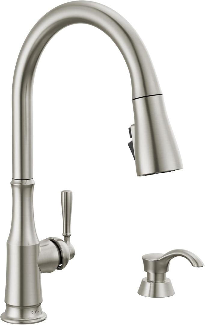 Delta Capertee Brushed Nickel Kitchen Faucet with Pull Down Sprayer and Soap Dispenser, Modern Single Hole Kitchen Sink Faucet, Single Handle, Spotshield Stainless 19877Z-SPSD-DST