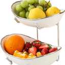 2 Tier Ceramic Fruit Bowl for Kitchen Counter, Tiered Fruit Basket for Countertop, Modern Multi Layer Fruit Display Stand for Party, Cute & Smal (Silver-rimmed)