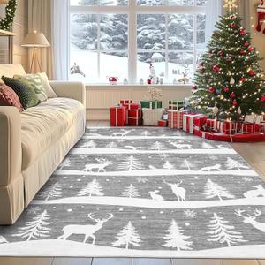 GarveeHome Grey 5x7 Area Rugs for Living Room, Washable Rug for Home Decor, Indoor Non Slip Carpet, Soft Low Pile Christmas Rug with Xmas Tree Reindeer Snowflake for Bedroom, Dining Room
