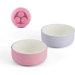 Elk and Friends Kids Porcelain Bowls with Silicone Suction Sleeves | Suitable for Babies/Toddlers | Microwave & Dishwasher Safe | Stay Put Dinnerware | Snack Dishes | 2 Pack (Lilac/Blush)