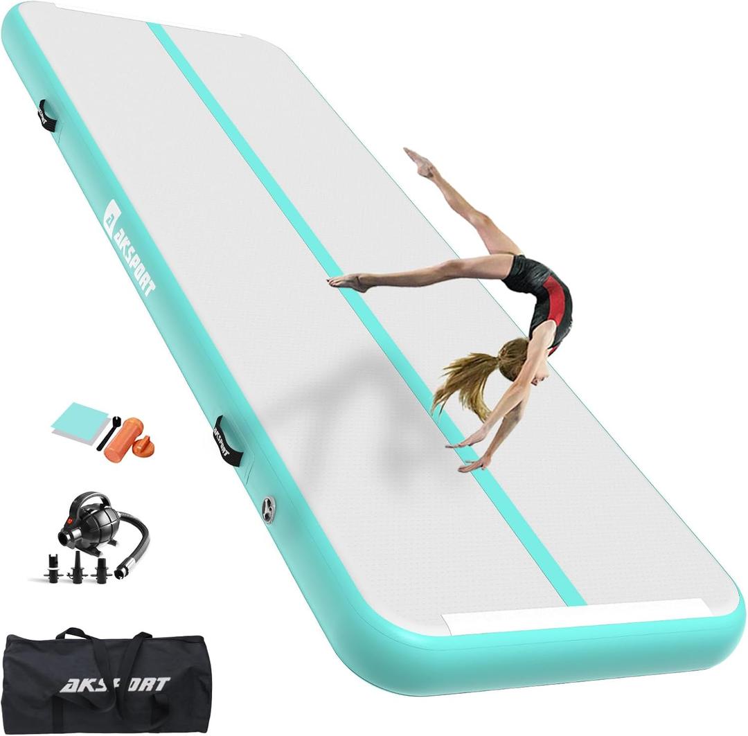 AKSPORT Gymnastics Air Mat Tumble Track Tumbling Mat Inflatable Floor Mats with Air Pump for Home Use/Tumble/Gym/Training/Cheerleading/Parkour/Beach/Park/Water (10ftx3.3ftx8inch, Mint Green)