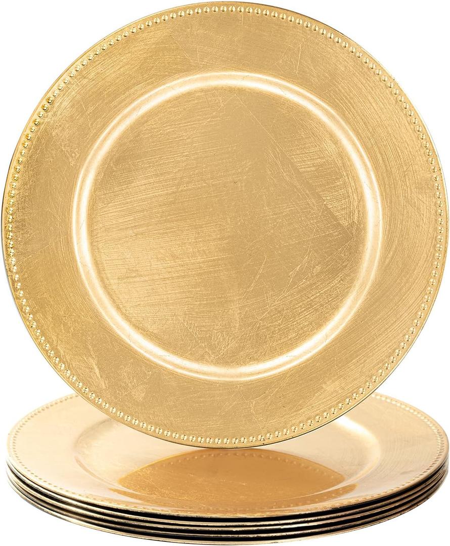 MAONAME Foil Gold Charger Plates with Beaded, 13" Plate Chargers for Dinner Plate, Plastic Round Chargers for Table Setting, Set of 6