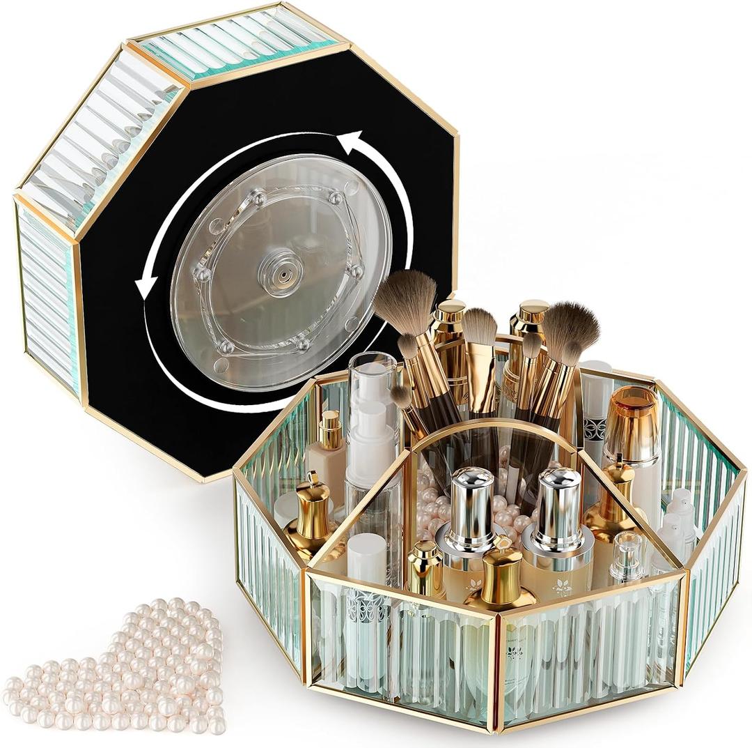 CoralHouse 360 Rotating Makeup Organizer Spinning Vanity Organizer with Makeup Brush Holder for Countertop, Bathroom Storage, Skincare, Perfume & Cosmetic Organizer for Vanity