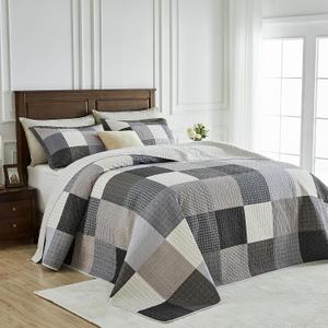 Bedduvit Oversized Queen Bedspreads 120"x102", 100% Cotton Modern Patchwork Plaid Extra Wide Quilts Bedding Set, Lightweight Quilt Queen Size, Farmhouse Coverlets Bed Spread, 3pcs, Gray/Beige/Black
