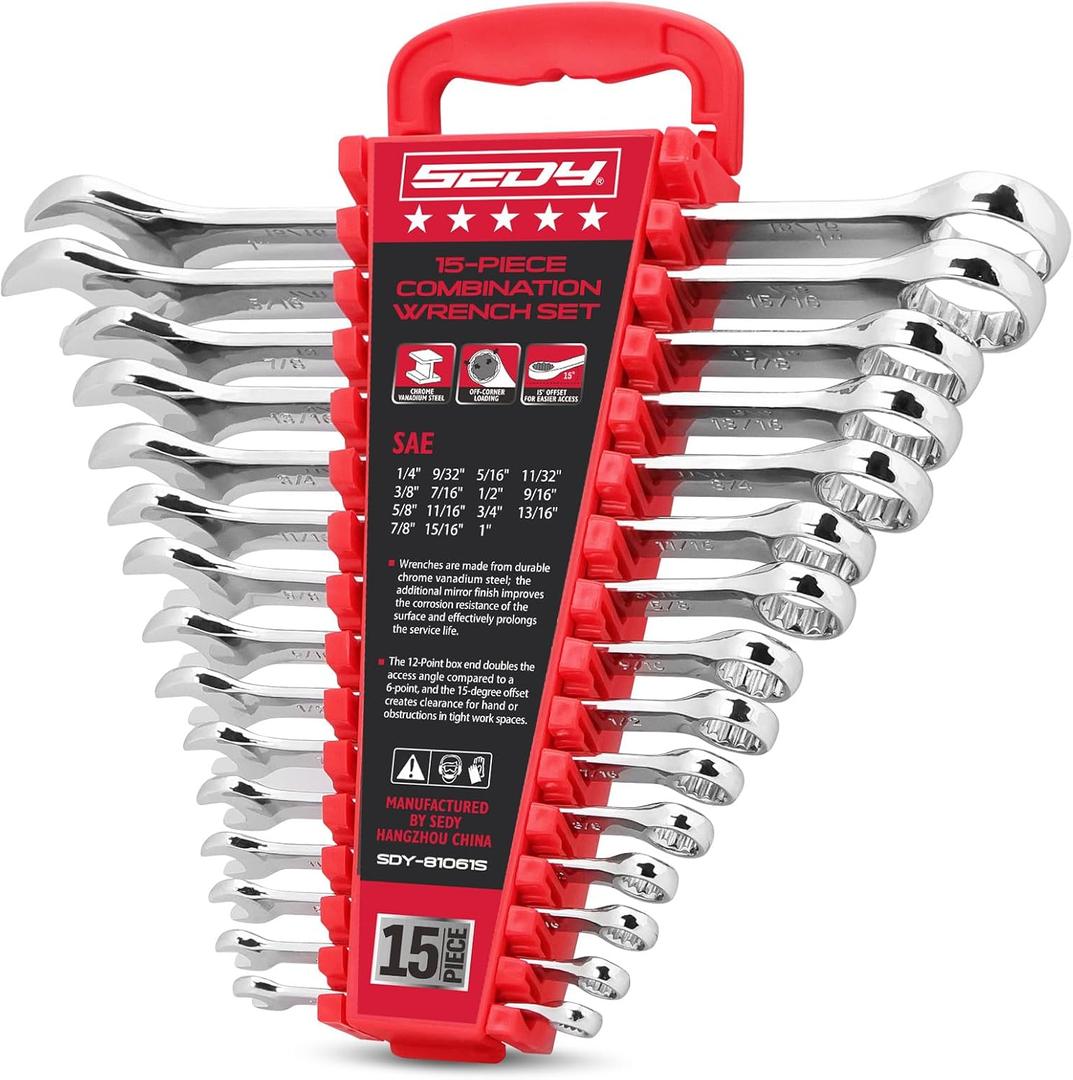 15-Piece SAE Combination Wrench Set, 1/4''1'' 12-Point Open End and Box End Wrench Kit with Organizer, Chrome Vanadium Steel Tools for Mechanics, Garages and Workshops