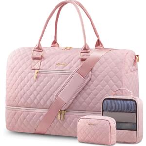 LOVEVOOK Travel Duffle Bag for Women, Weekender Overnight Bag with Shoe Compartment, Carry on Bag with Toiletry Bag, Gym Duffel Bag with Wet Pocket, Hospital Bags for Labor and Delivery 3 Pcs Set (X-Large, Light Pink)