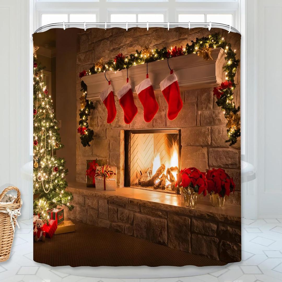 Christmas Shower Curtain, Christmas Socks Xmas Tree Gift Box Fireplace Bathroom Curtain Bathroom Decoration Bathroom Decor Curtain with 12 Hooks 60x72 Inches (Style 17)