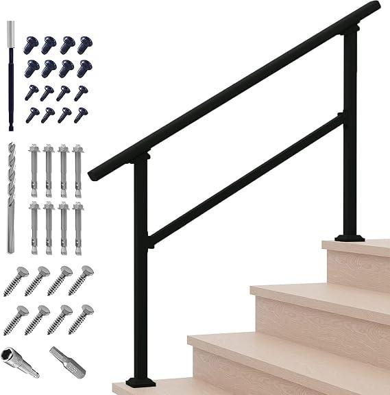 Metty Metal Handrails for Outdoor Steps,1-4 Step Stair Handrail & Indoor Stair Railing KitBlack Railings for Outdoor Steps and Hand Rails for Seniors for Porch
