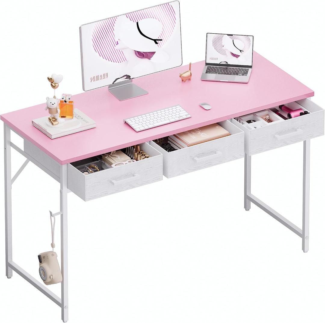 Pamray 47 Inch Small Computer Desk with 3 Drawers for Bedroom Study Writing Home Office Table for Small Spaces Pink