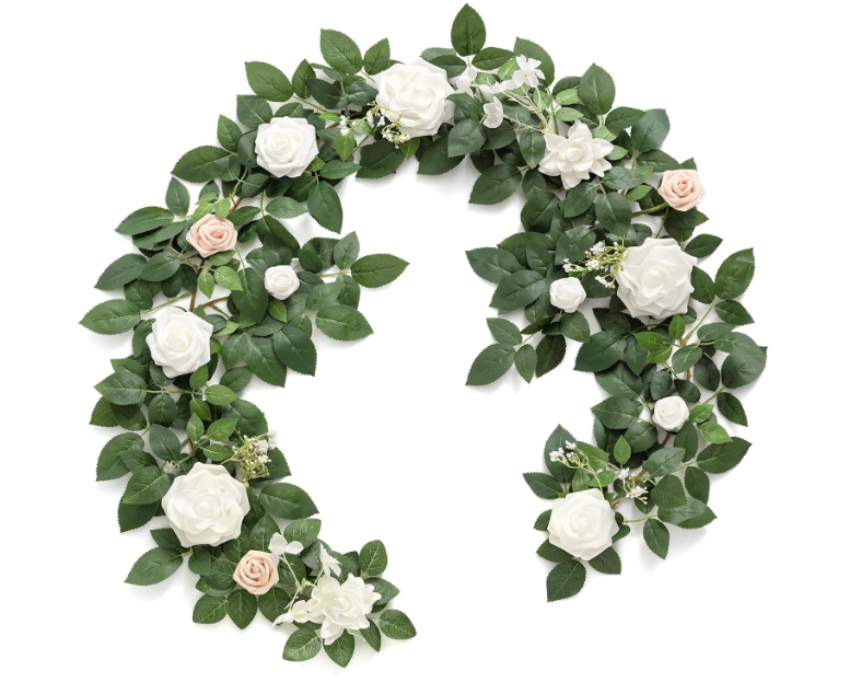 Ling's Moment 5FT White Artificial Flower Garland Fake Rose Green Leaves Floral Garland Arch Flowers Vine for Wedding Party Backdrop Decor Mantel Home Table Centerpieces Window Decorations