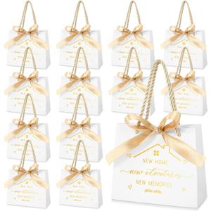 Spakon Pack of 25 Small Housewarming Gift Bags New Home Wrapping Real Estate Agent Gifts Bags with Golden Ribbon Bow and Handles for Clients Friends New Adventure Sweet Present Supplies(White)