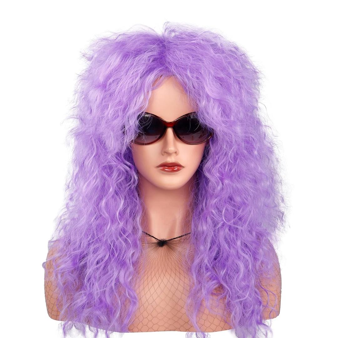 MEIRIYFA 80s Rocker Punk Wig Long Curly Wig for Men and Women Retro Mullet Wigs for Halloween Costume Cosplay Party (Purple)