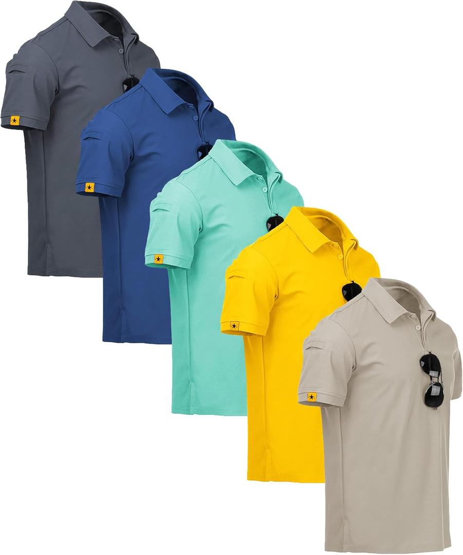 ZITY 5 Pack Mens Polo Shirt Short Sleeve Sports Golf Tennis T-Shirt Moisture-Wicking Summer Shirts (Large, Grey Blueturquoise Yellow Light Khaki)