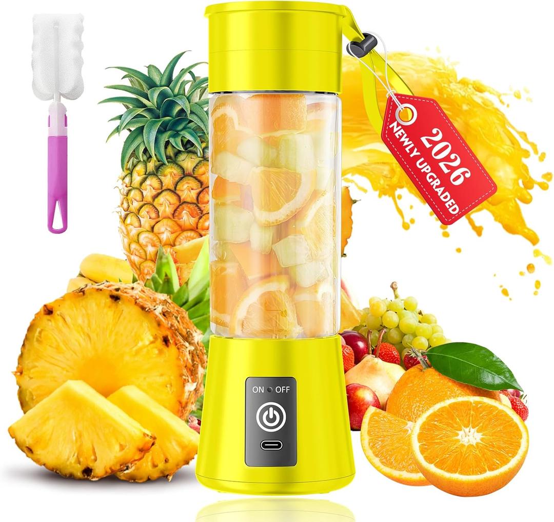Portable Blender for Smoothies & Shakes - Cordless Personal Size Blender with 6 Blades, 380Ml Juice Cup, Lightweight & Rechargeable, Freshly Squeezed for Picnic/Sports/Office (Yellow)