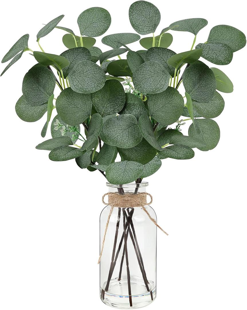 Artificial Eucalyptus Stems in Glass Vase 14" 6Pcs Faux Eucalyptus Branches Home Table Decor Fake Greenery Plants Stems for Farmhouse Wedding Centerpiece Bathroom Decorations