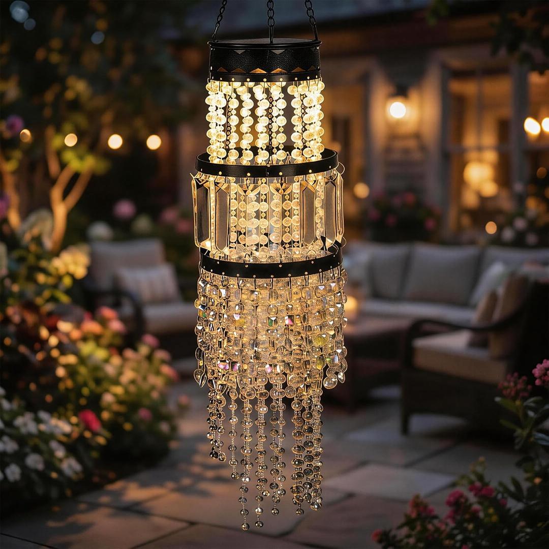 Hanging Solar Lantern Outdoor Chandelier, Waterproof Solar Pendant Light with Modern Crystal Acrylic Beads, Warm White LED S Hook Decorative Garden Lights for Gazebo, Patio, Yard, Party, Wedding Decor