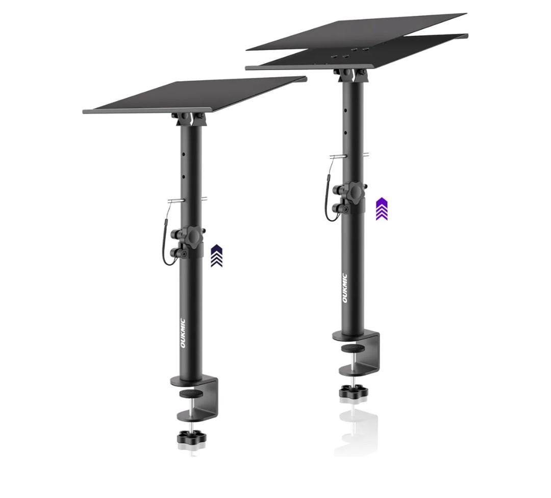 Studio Monitor Stands Clamp On Desktop Speaker Stand Pair, Heavy Duty Riser Tilt Height Adjustable, Universal Music Booth Desk Audio Mount Tray for Subwoofer Surround Sound Bookshelf Laptop