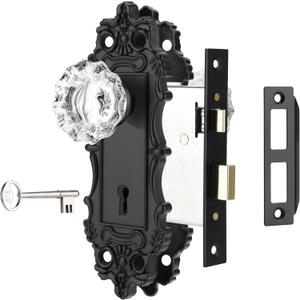 Mortise Lock Set for Interior Door, Antique Black Door Knobs with Lock and Skeleton Key, Vintage Door Handle Lock Replacement for Interior Doors, Matte Black Finish